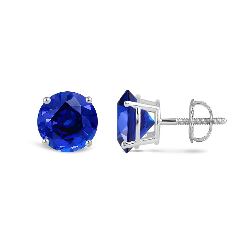 14K White Gold Stud Earrings | Created Sapphire | Screw Back | Gift Box