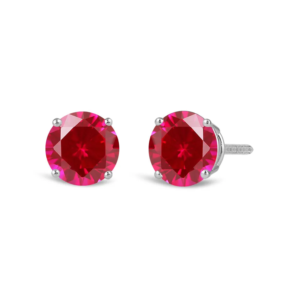 14K White Gold Stud Earrings | Round Created Ruby | Screw Back | Gift Box