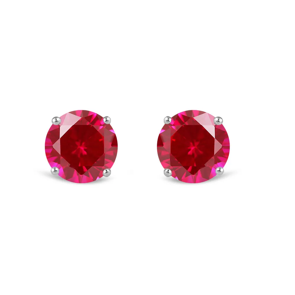 14K White Gold Stud Earrings | Round Created Ruby | Screw Back | Gift Box