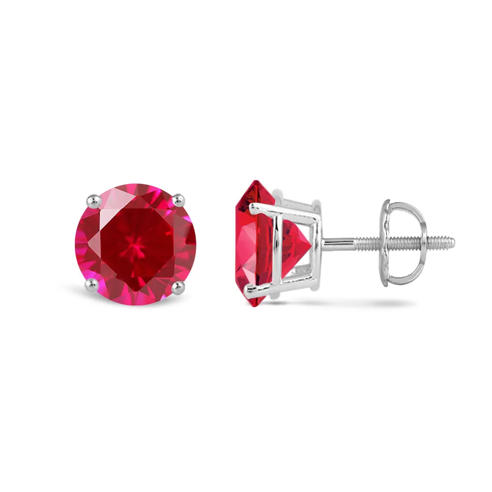 14K White Gold Stud Earrings | Round Created Ruby | Screw Back | Gift Box