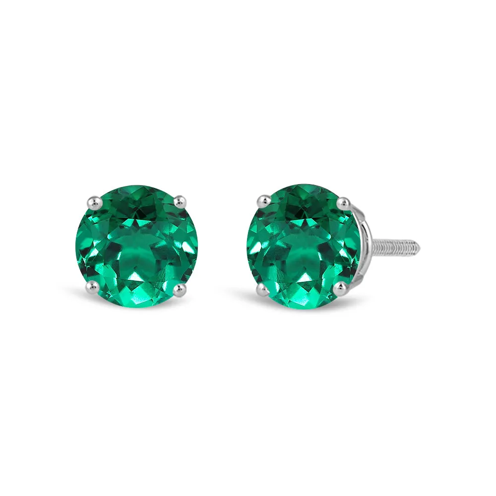 14K White Gold Stud Earrings | Round Cut Created Emerald | Screw Back Posts | Gift Box