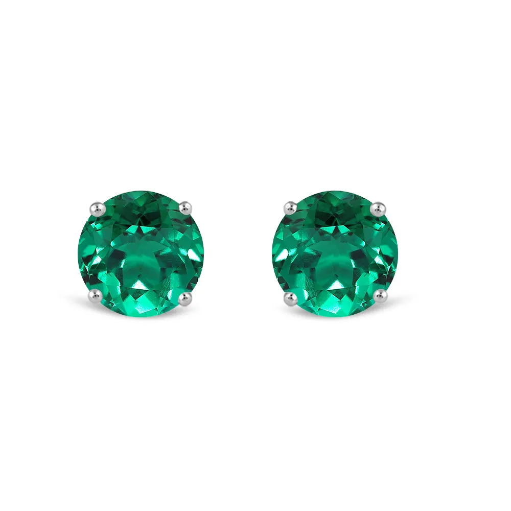 14K White Gold Stud Earrings | Round Cut Created Emerald | Screw Back Posts | Gift Box