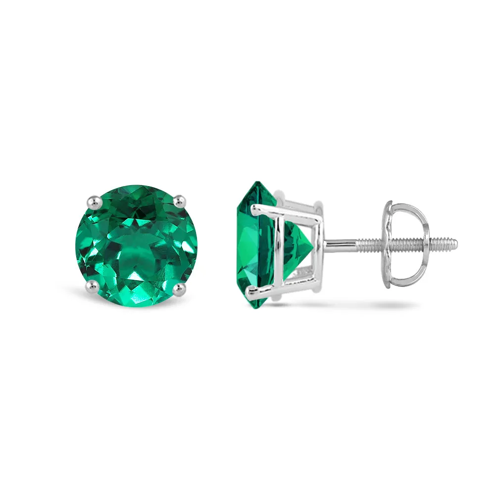 14K White Gold Stud Earrings | Round Cut Created Emerald | Screw Back Posts | Gift Box