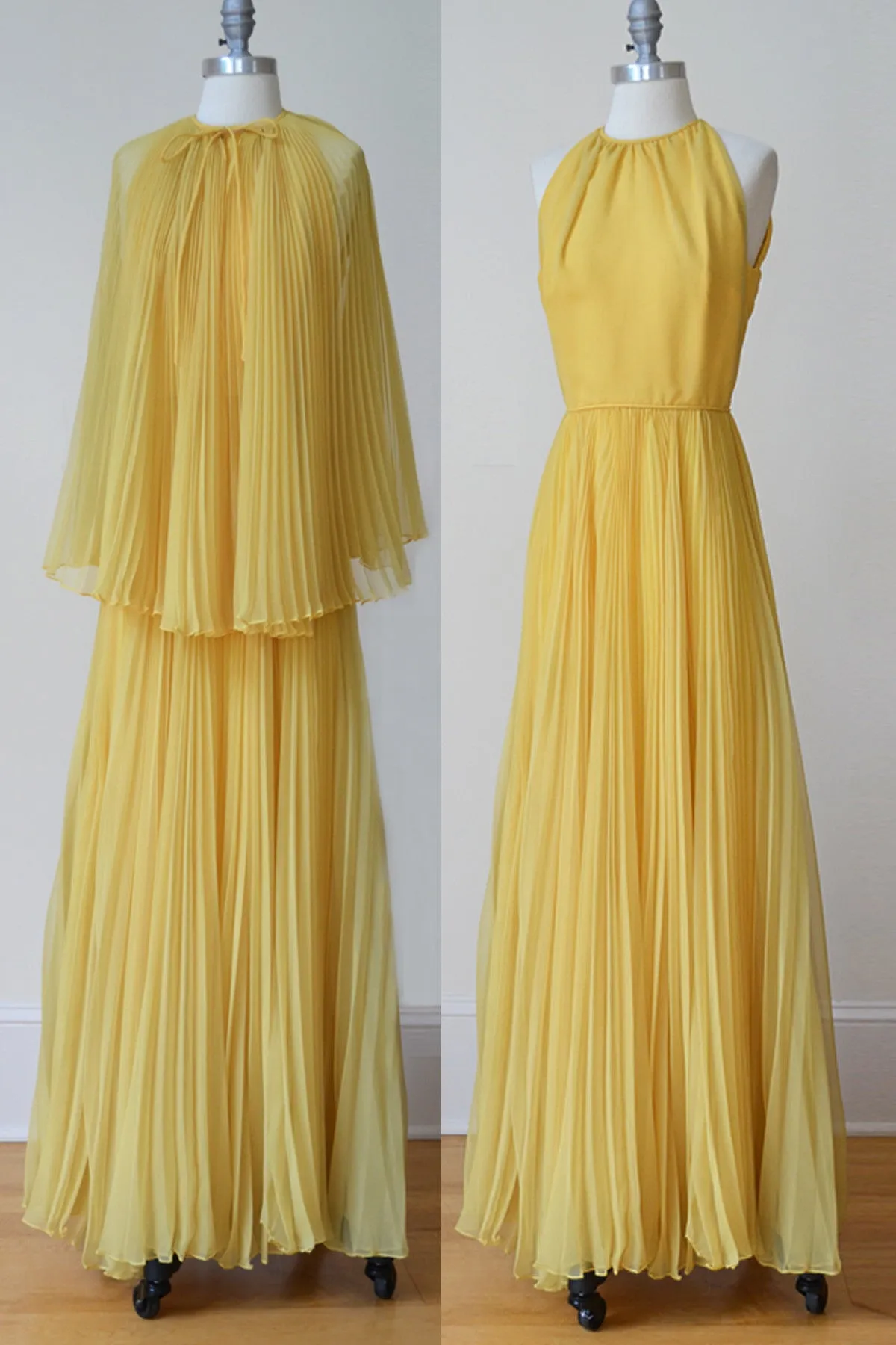 1960s MOD Pleated Marigold Chiffon Maxi Dress and Cape by Miss Bergdorf