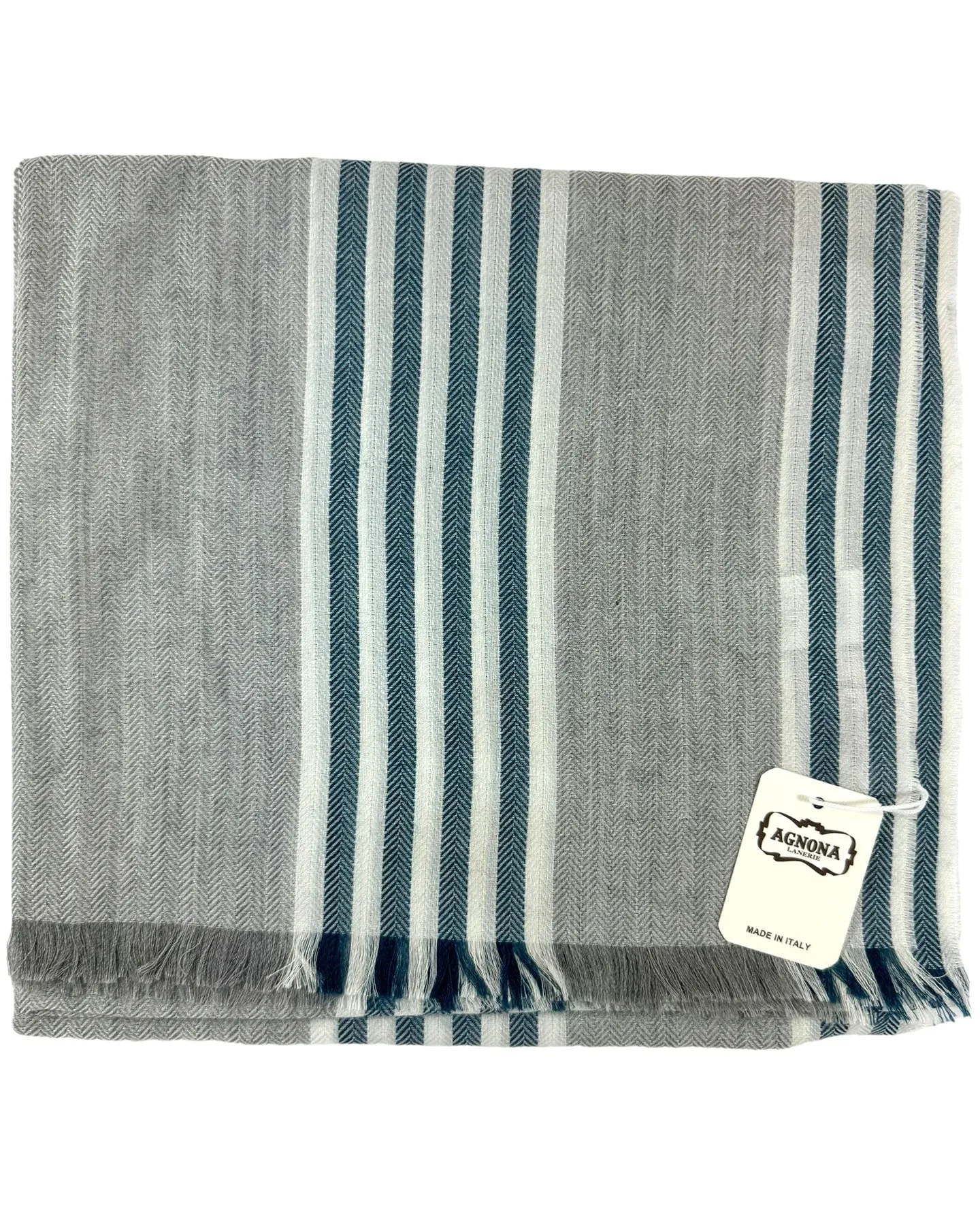 Agnona Scarf Taupe Dark Blue Stripes - Luxury Cashmere Cotton Shawl