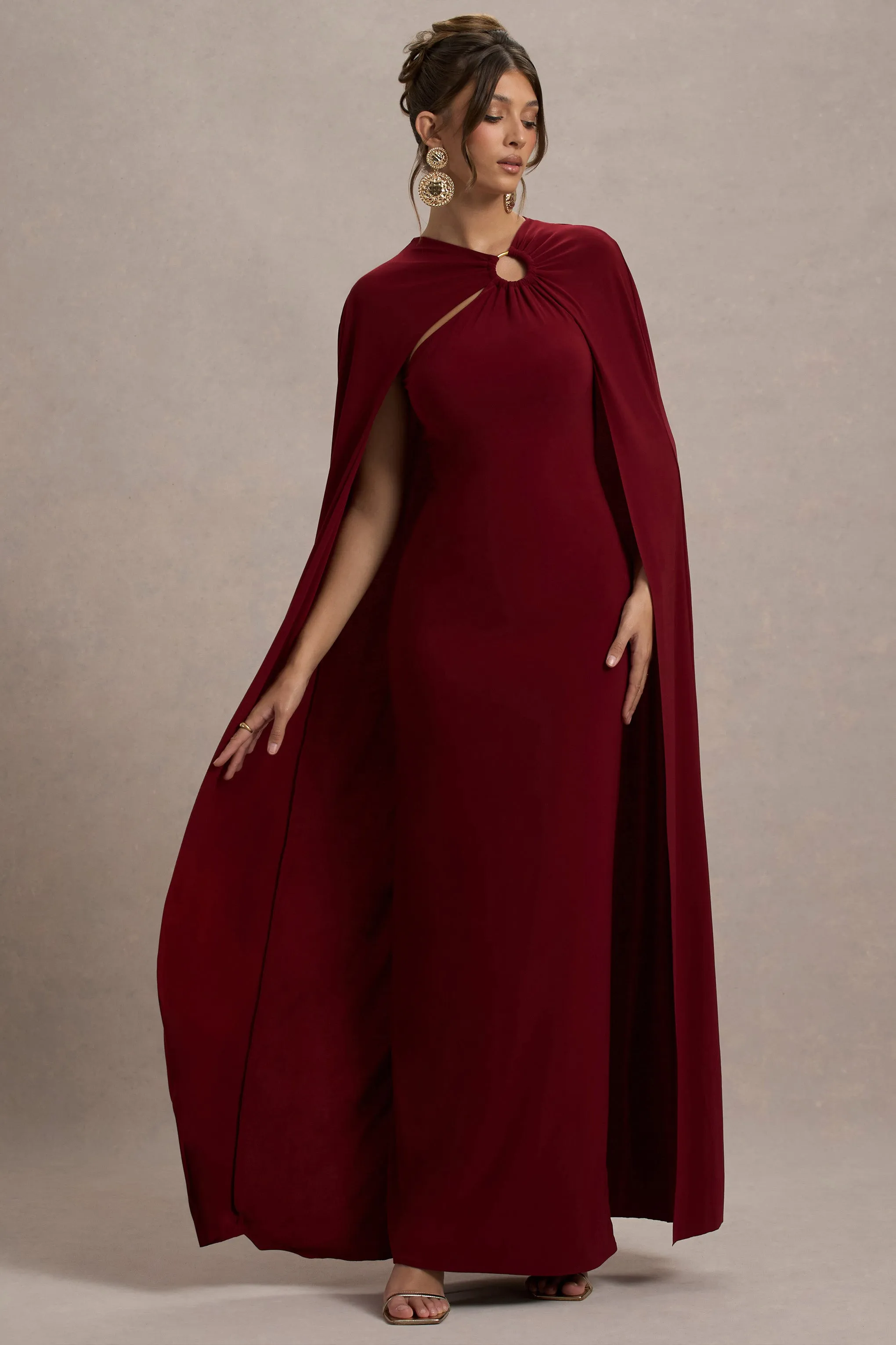 Aliza | Berry Cape Maxi Dress With Gold Ring