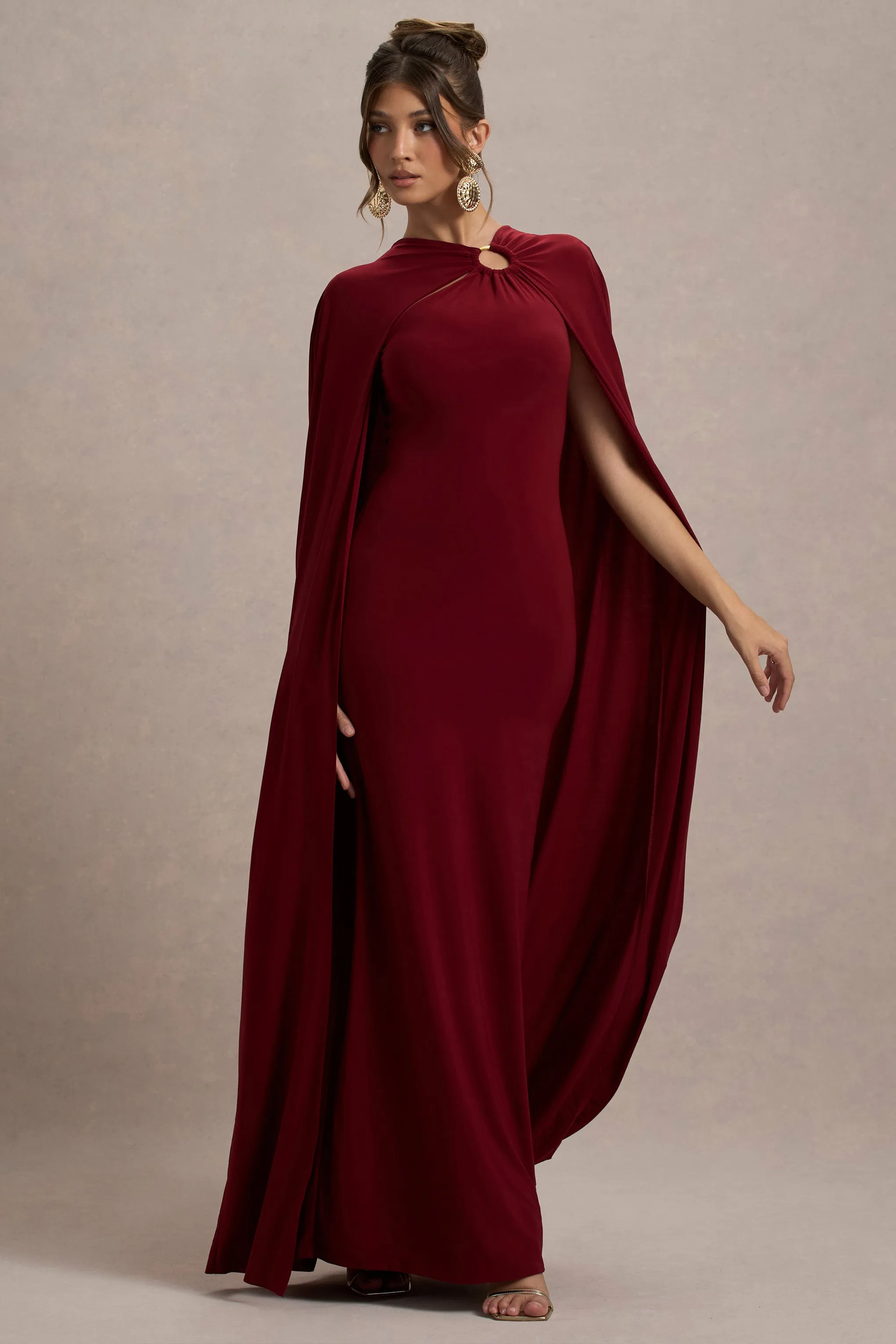 Aliza | Berry Cape Maxi Dress With Gold Ring