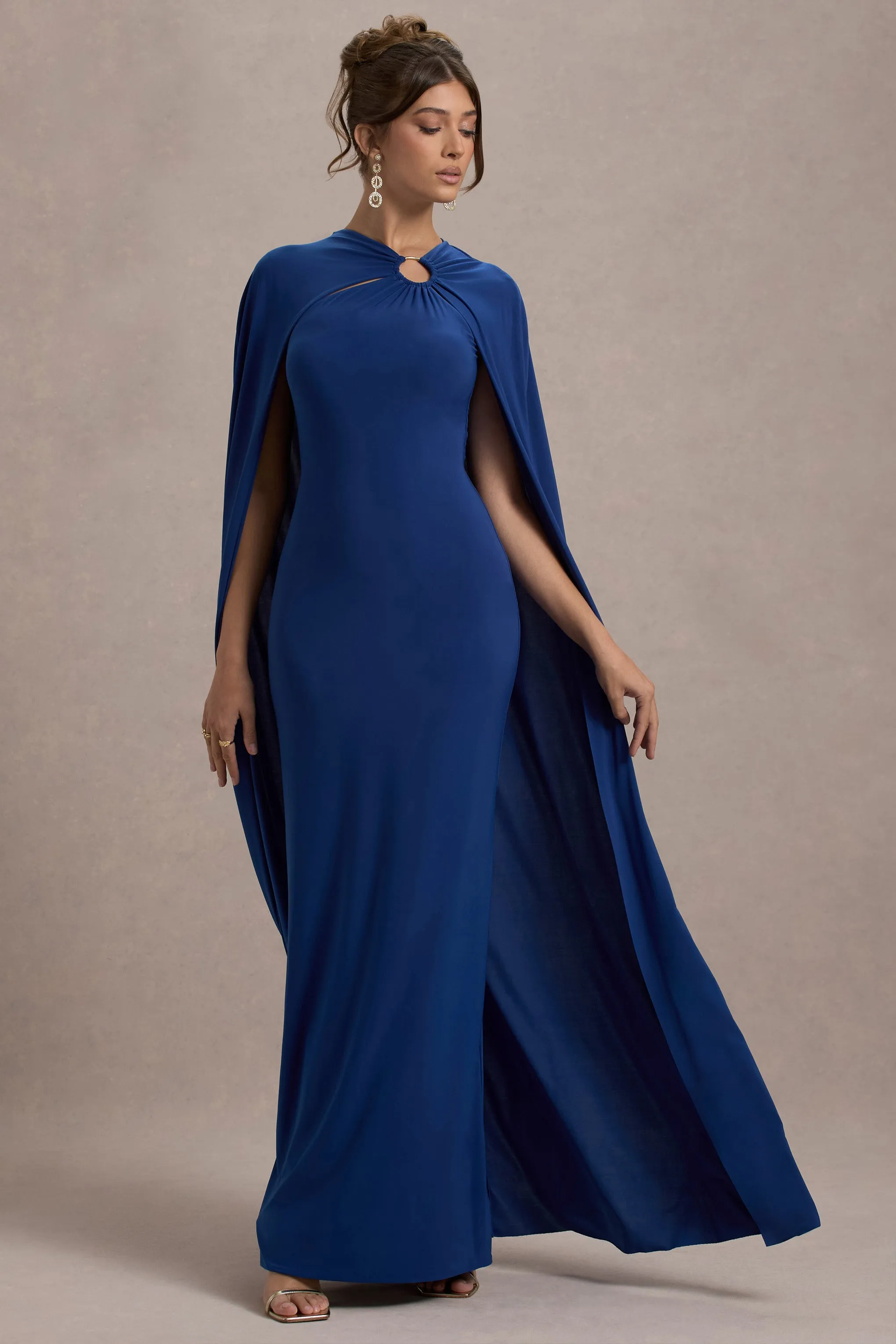 Aliza | Royal Blue Cape Maxi Dress With Gold Ring