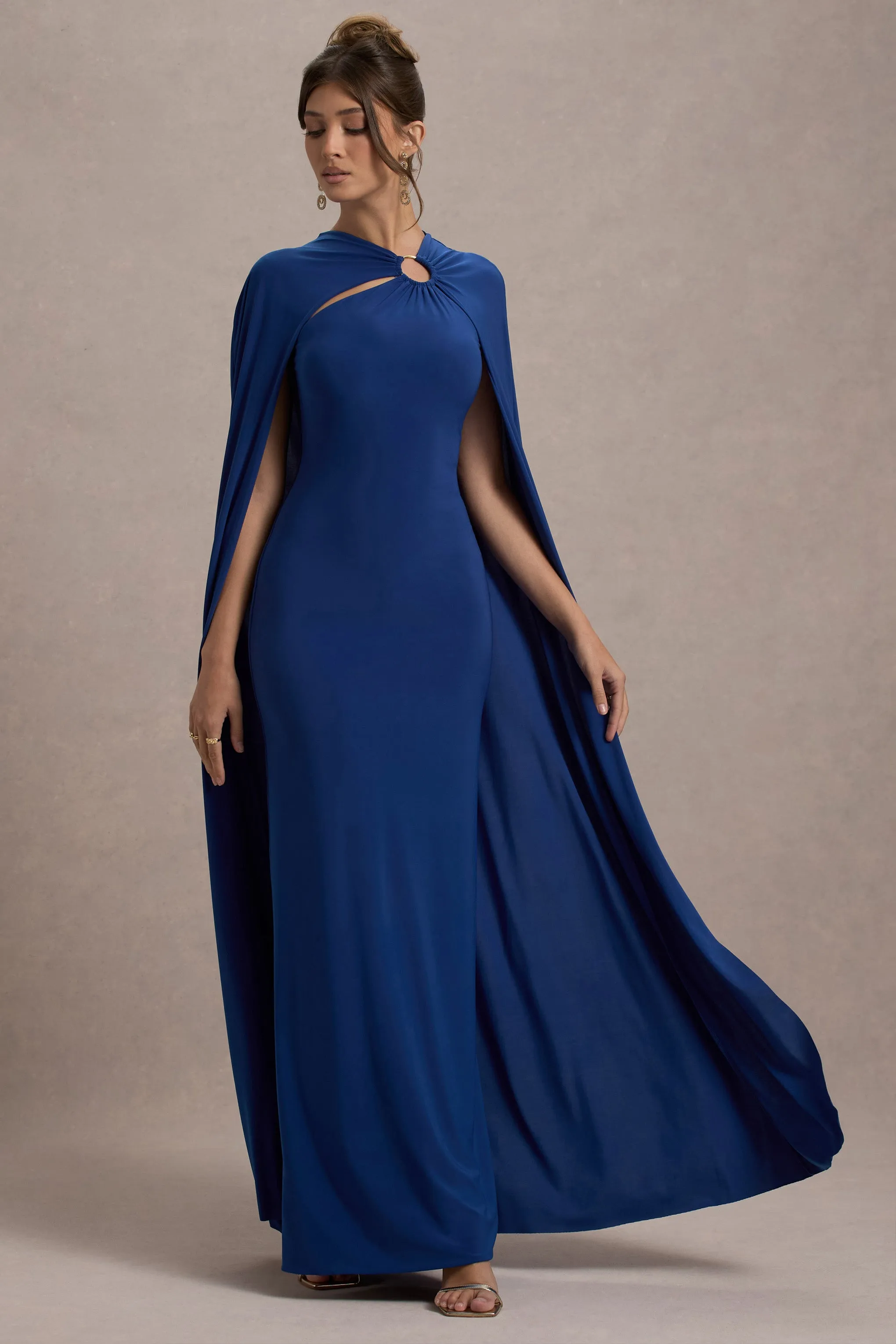 Aliza | Royal Blue Cape Maxi Dress With Gold Ring