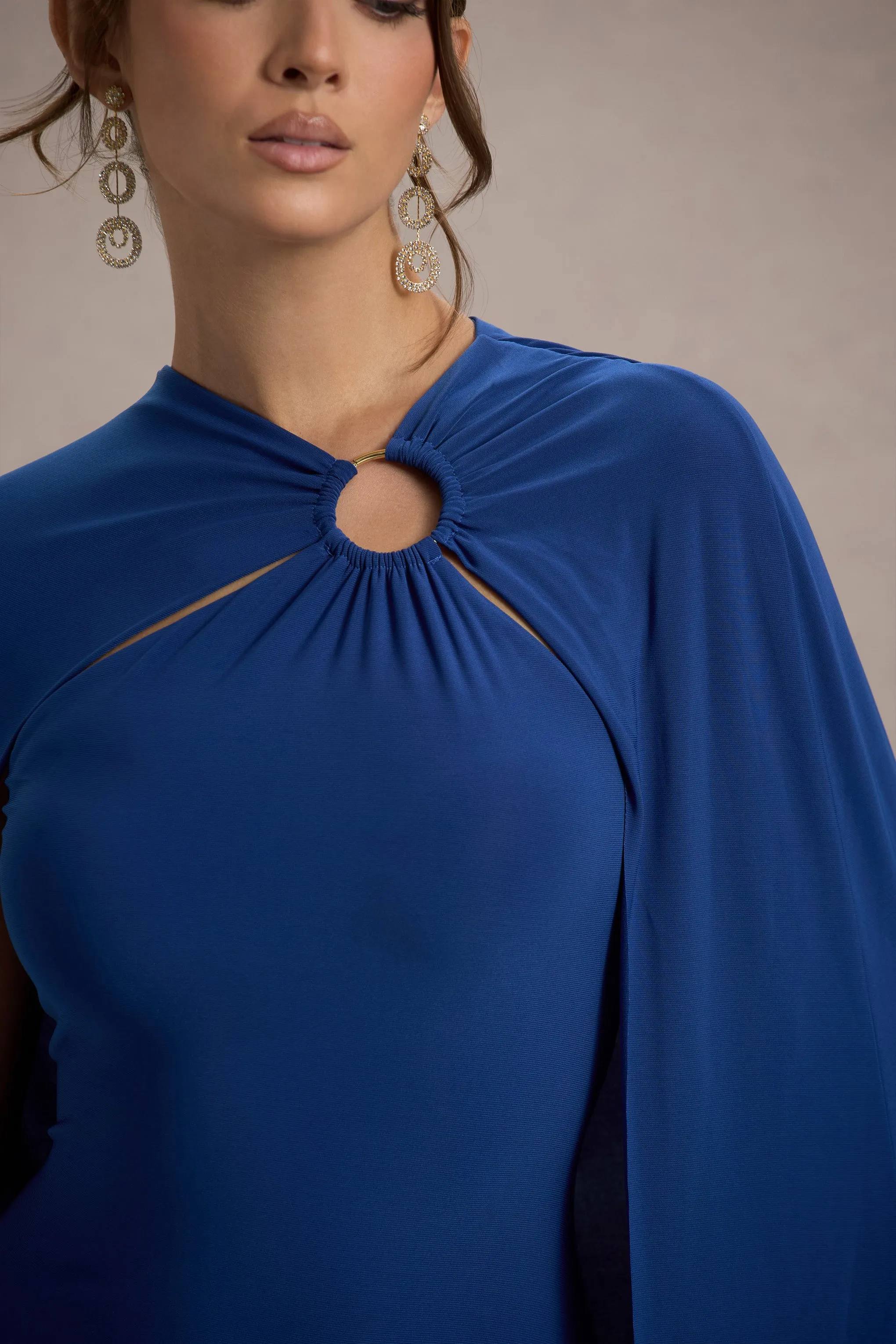 Aliza | Royal Blue Cape Maxi Dress With Gold Ring