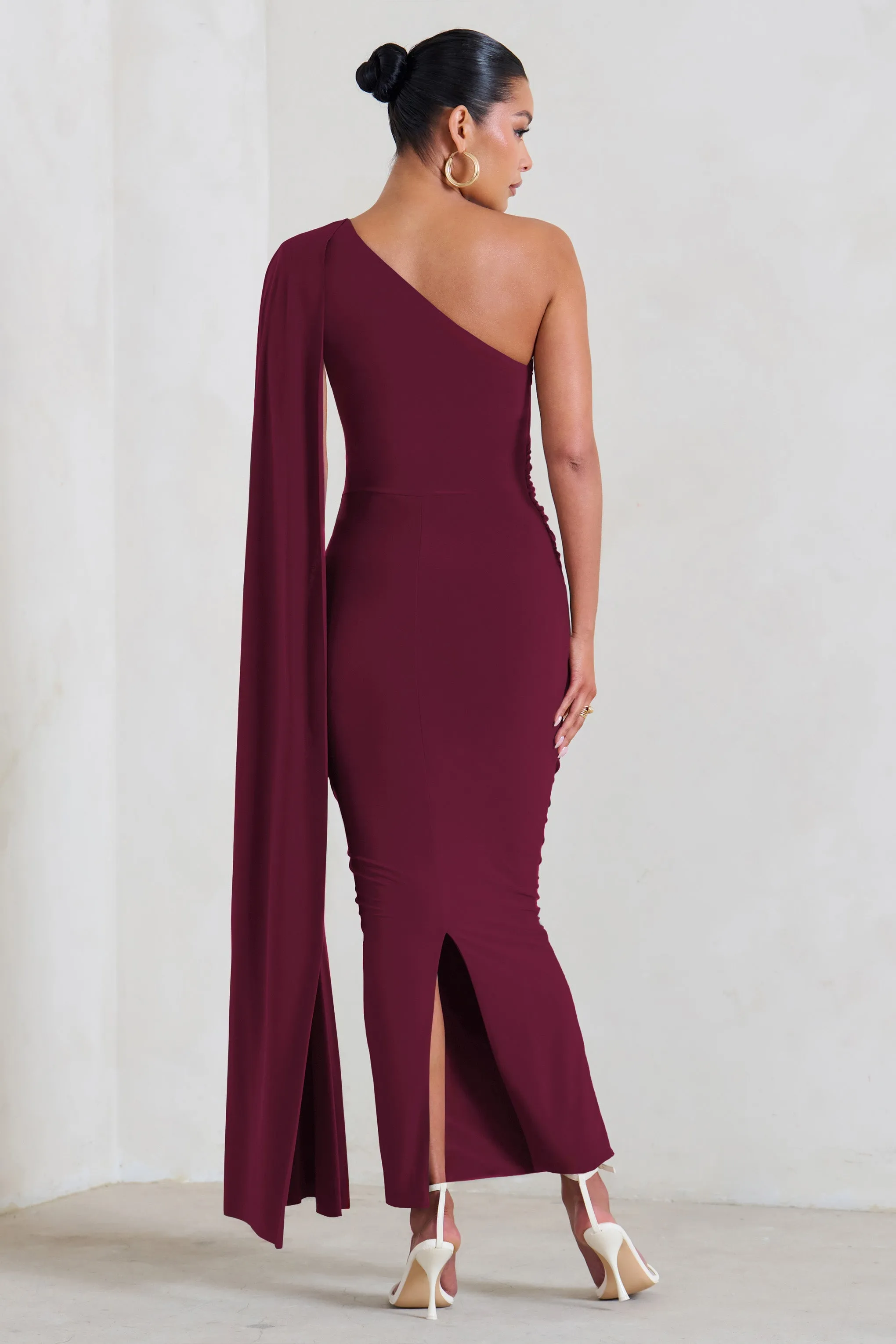 Amaryllis | Burgundy Maternity One Shoulder Maxi Dress with Cape Sleeve