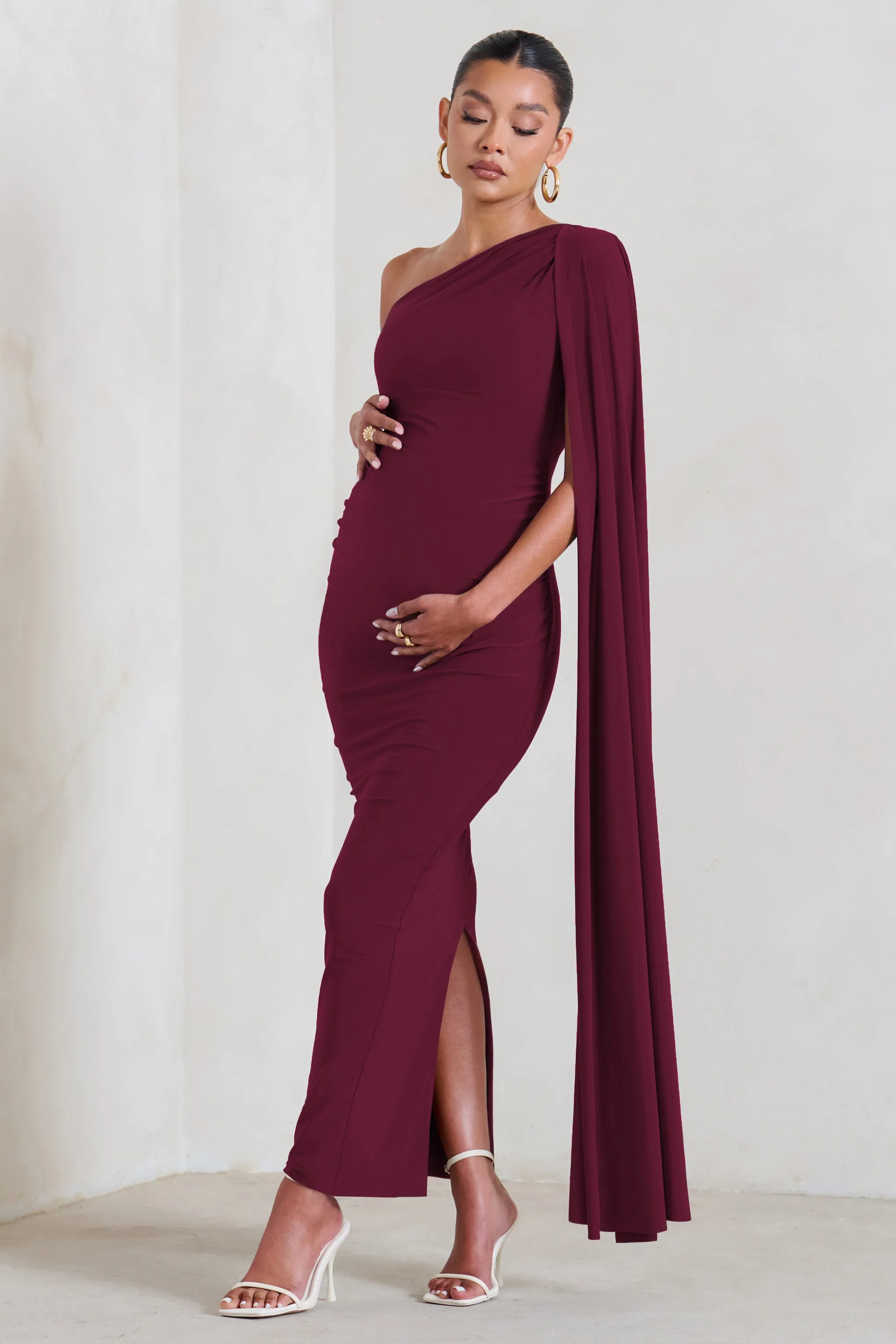 Amaryllis | Burgundy Maternity One Shoulder Maxi Dress with Cape Sleeve