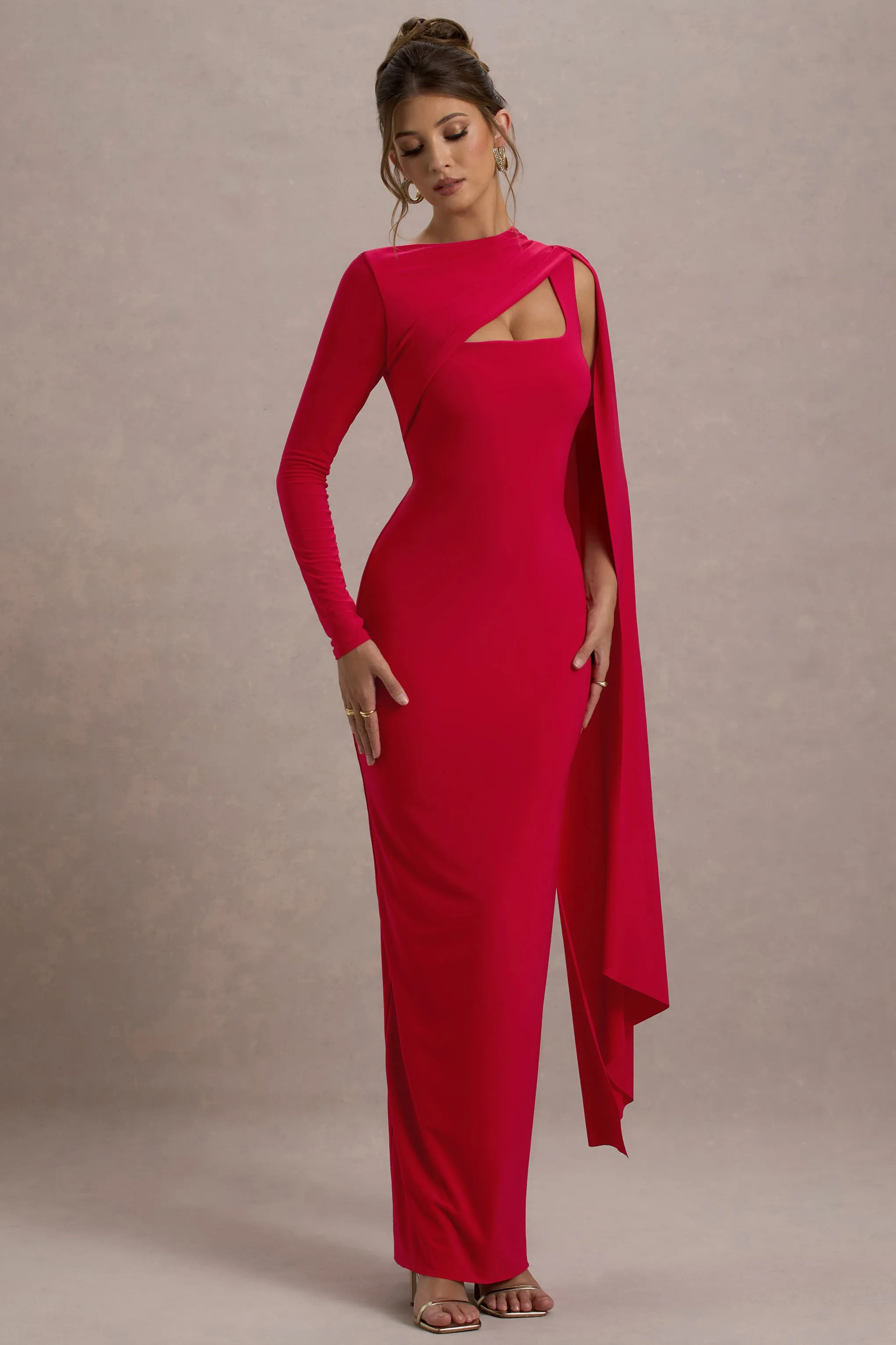 Ashini | Red One-Sleeve Maxi Dress With Cape