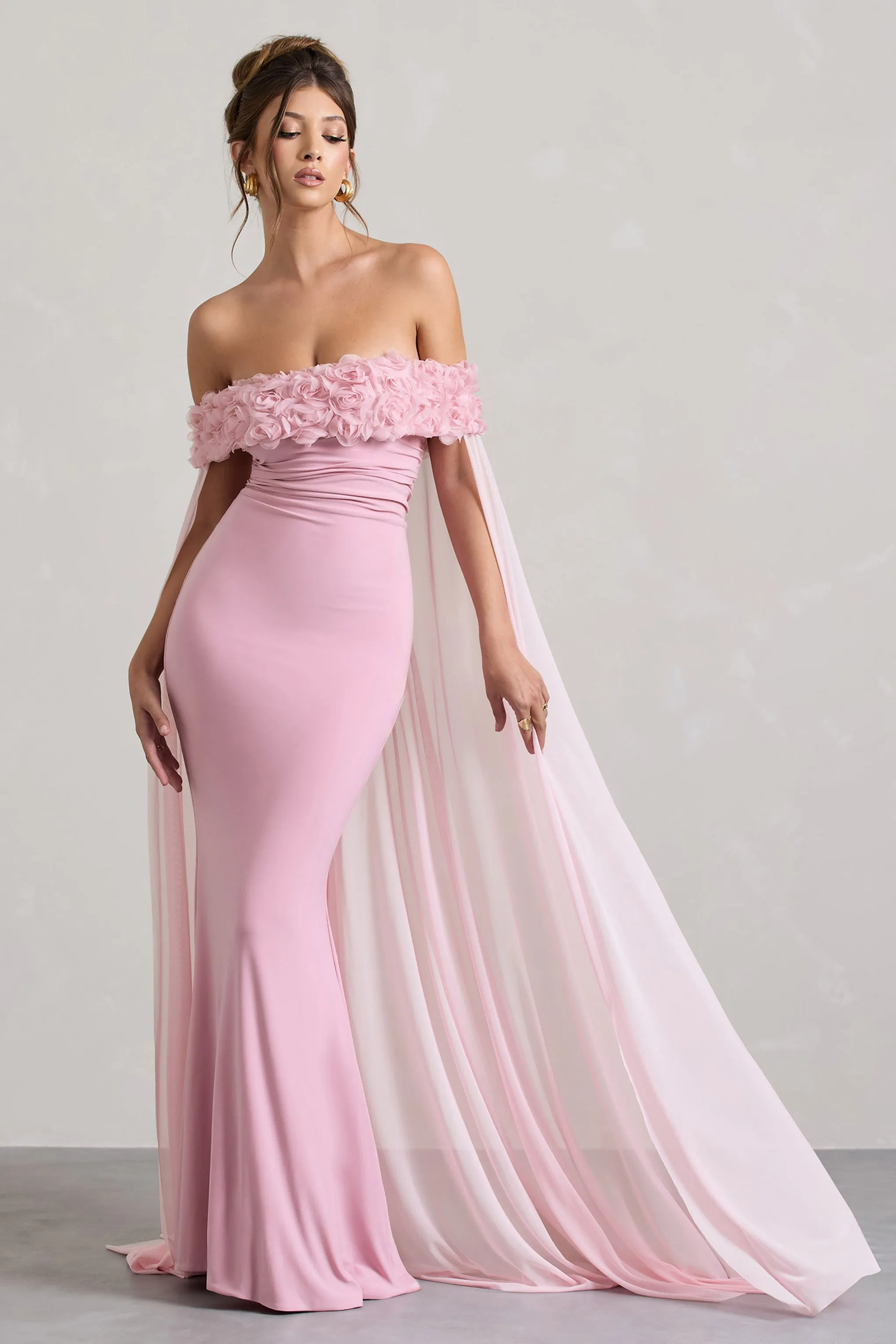 Avant Garde | Blush Pink Floral Bardot Fishtail Maxi Dress With Mesh Cape