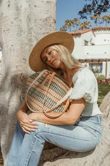 Basket Tote Bag with Medium Brown Stripes