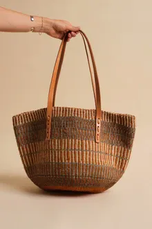 Basket Tote Bag with Medium Brown Stripes