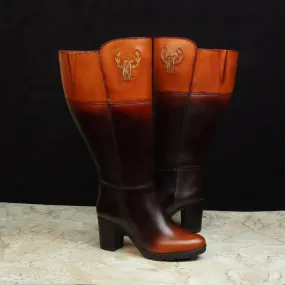 Bespoke CK Embroidery Initial Dual Tone Tan/Brown Knee Height Leather Long Boots By Brune & Bareskin