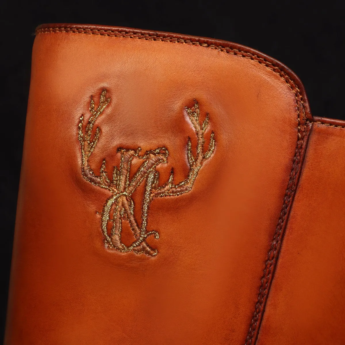 Bespoke CK Embroidery Initial Dual Tone Tan/Brown Knee Height Leather Long Boots By Brune & Bareskin