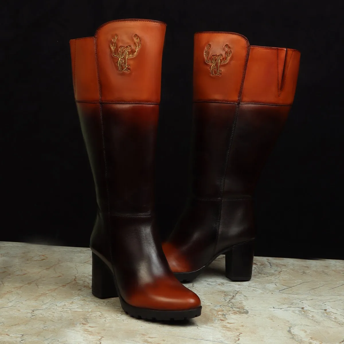 Bespoke CK Embroidery Initial Dual Tone Tan/Brown Knee Height Leather Long Boots By Brune & Bareskin