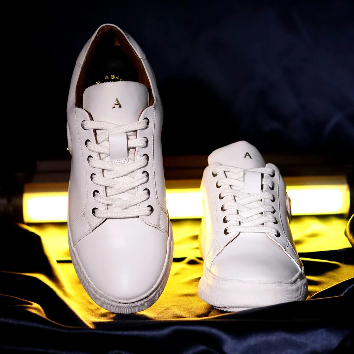 Bespoke Golden Embossed Initial White Leather Low-Top Lace-Up Sneakers by Brune & Bareskin