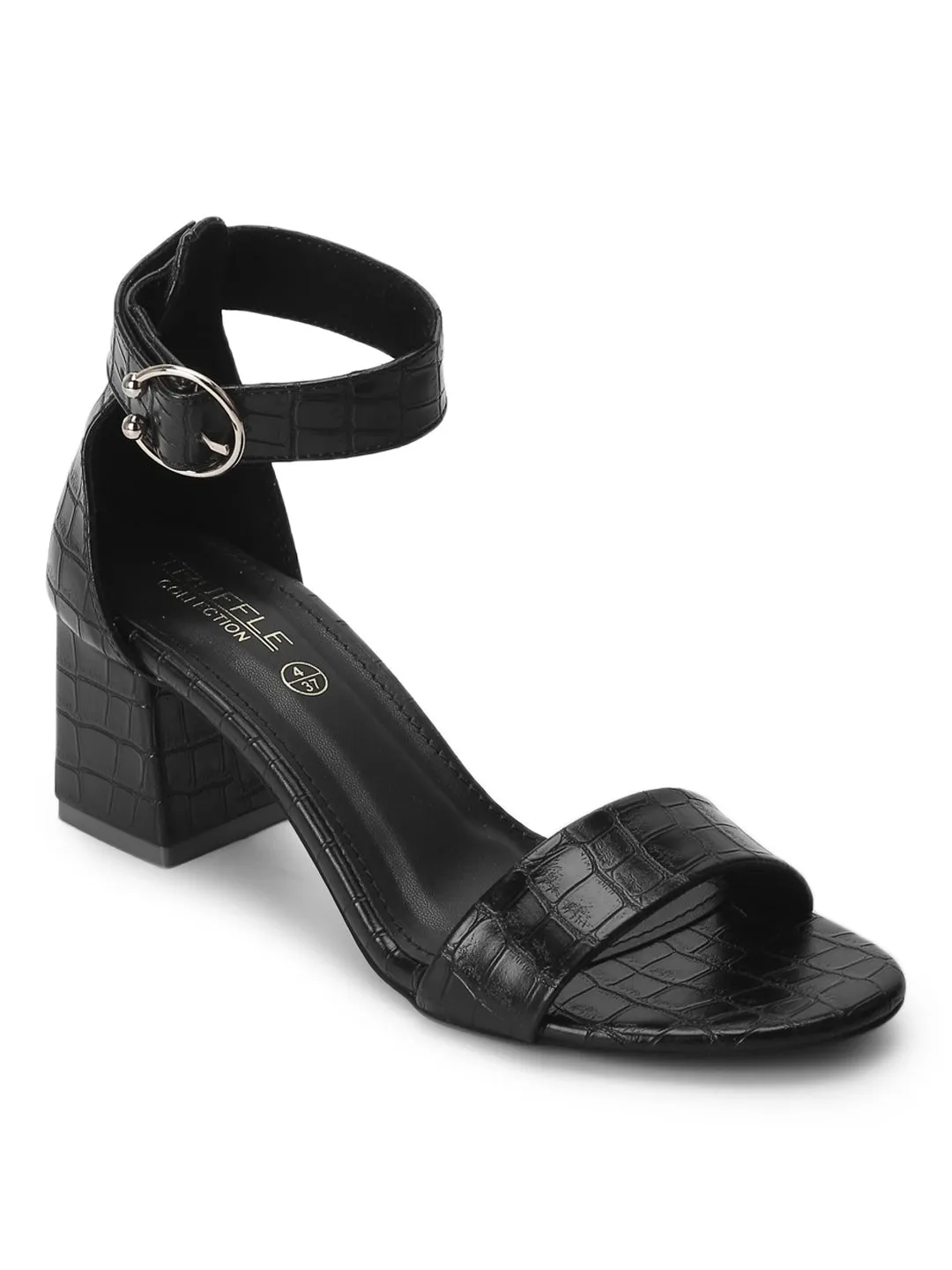 Black PU Snake Pattern Sandals With Ankle Strap