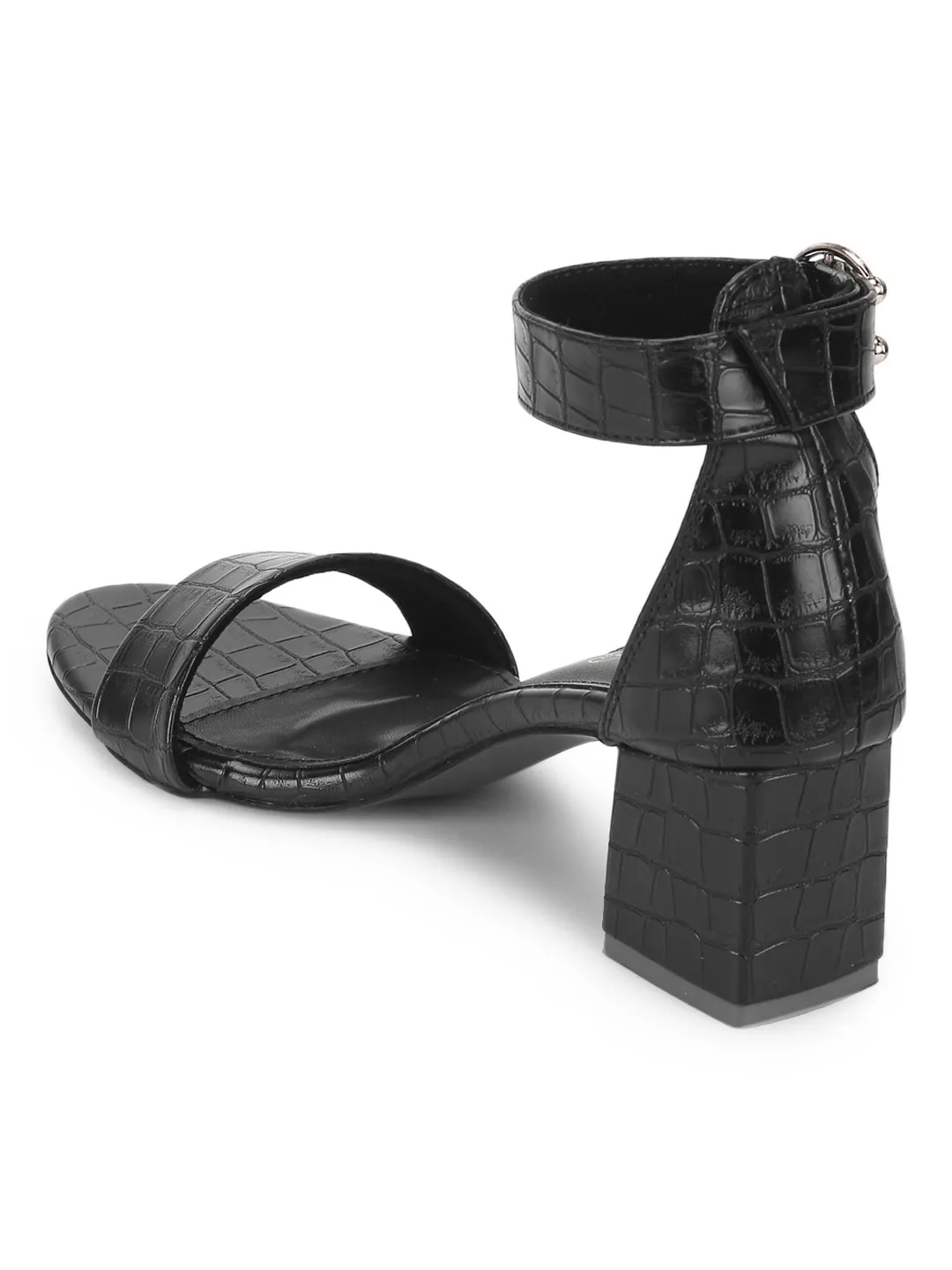 Black PU Snake Pattern Sandals With Ankle Strap