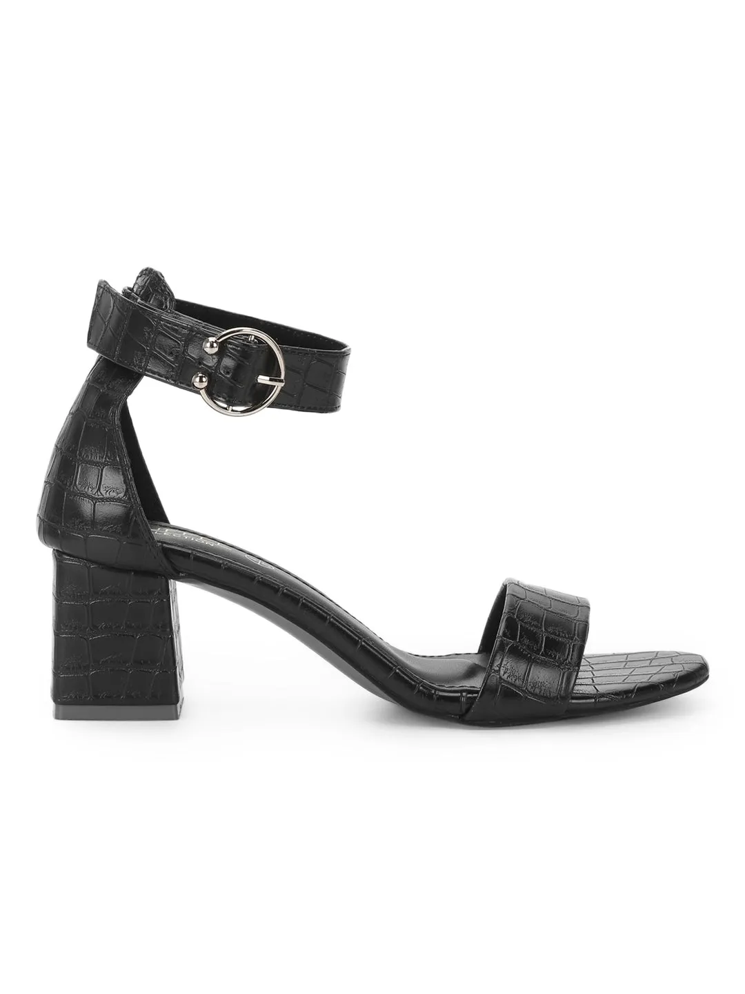 Black PU Snake Pattern Sandals With Ankle Strap