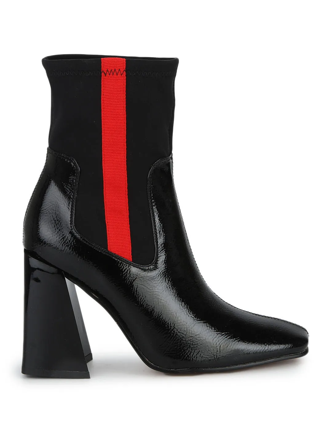 Black with Red Stripe Block Heel Ankle Boots