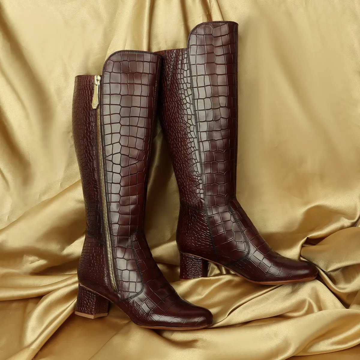 Brown Deep Cut Leather Ladies Long Boots by Brune & Bareskin