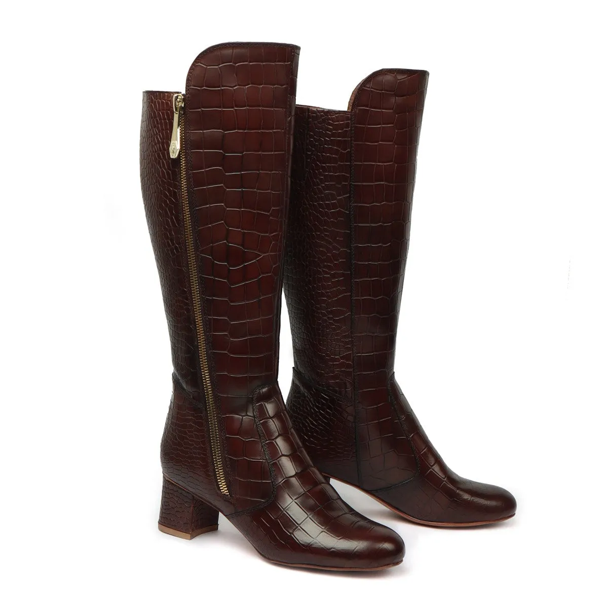 Brown Deep Cut Leather Ladies Long Boots by Brune & Bareskin