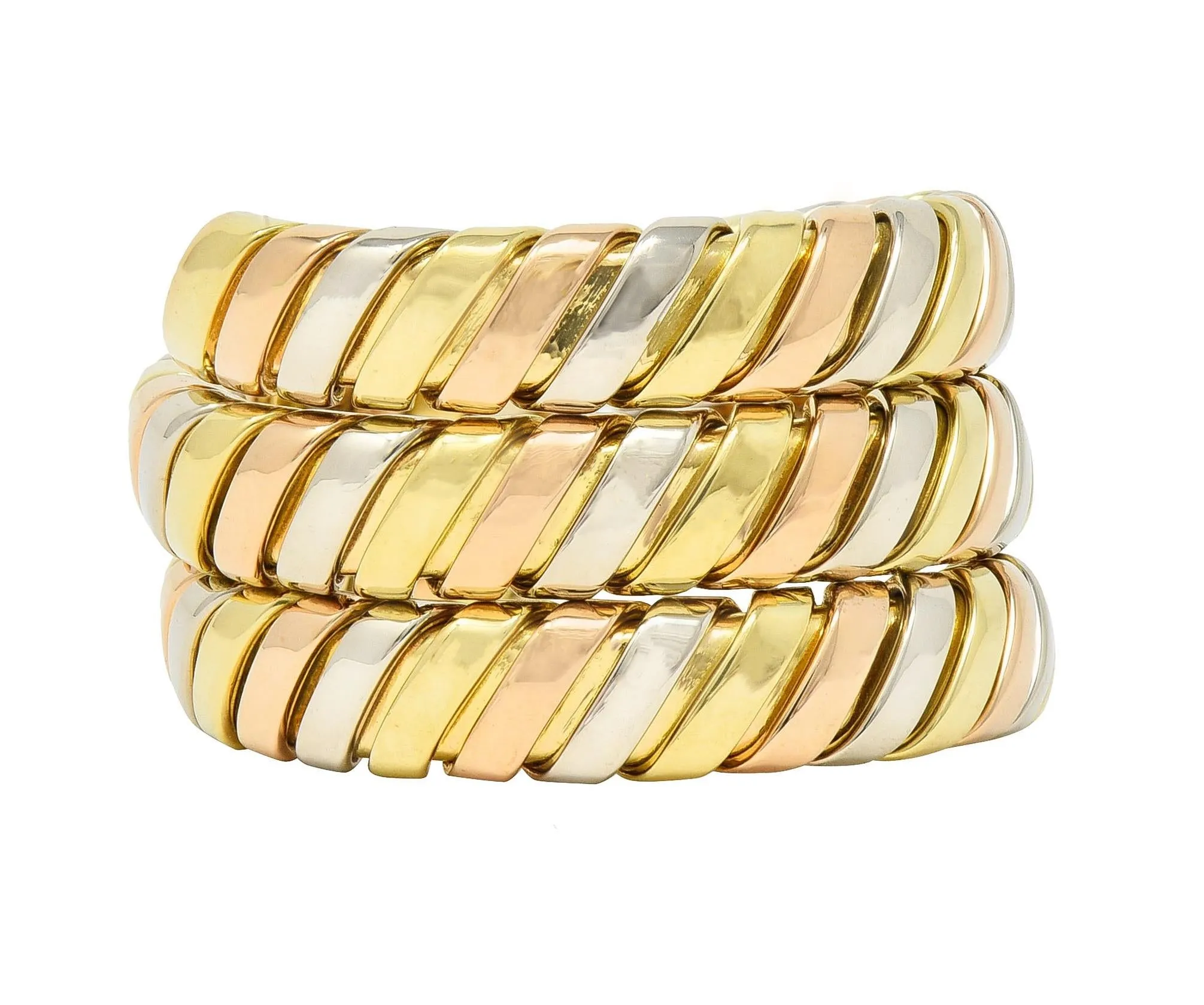 Bulgari 18 Karat Rose Yellow White Tri-Gold Tubogas Serpenti Triple Wrap Vintage Ring