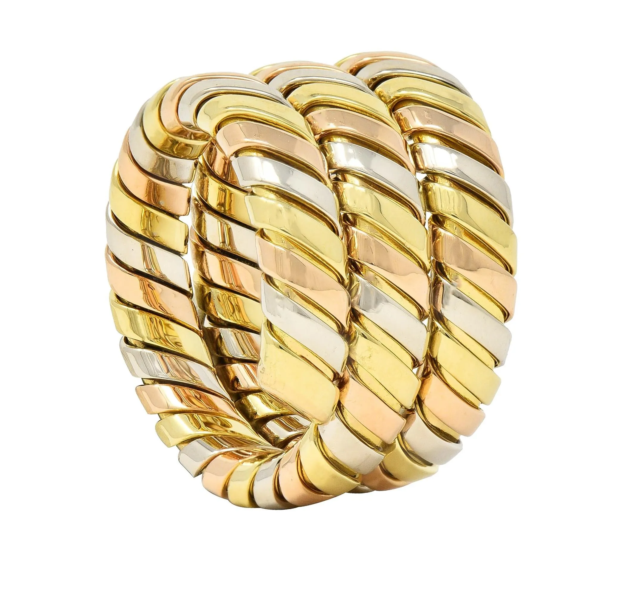 Bulgari 18 Karat Rose Yellow White Tri-Gold Tubogas Serpenti Triple Wrap Vintage Ring