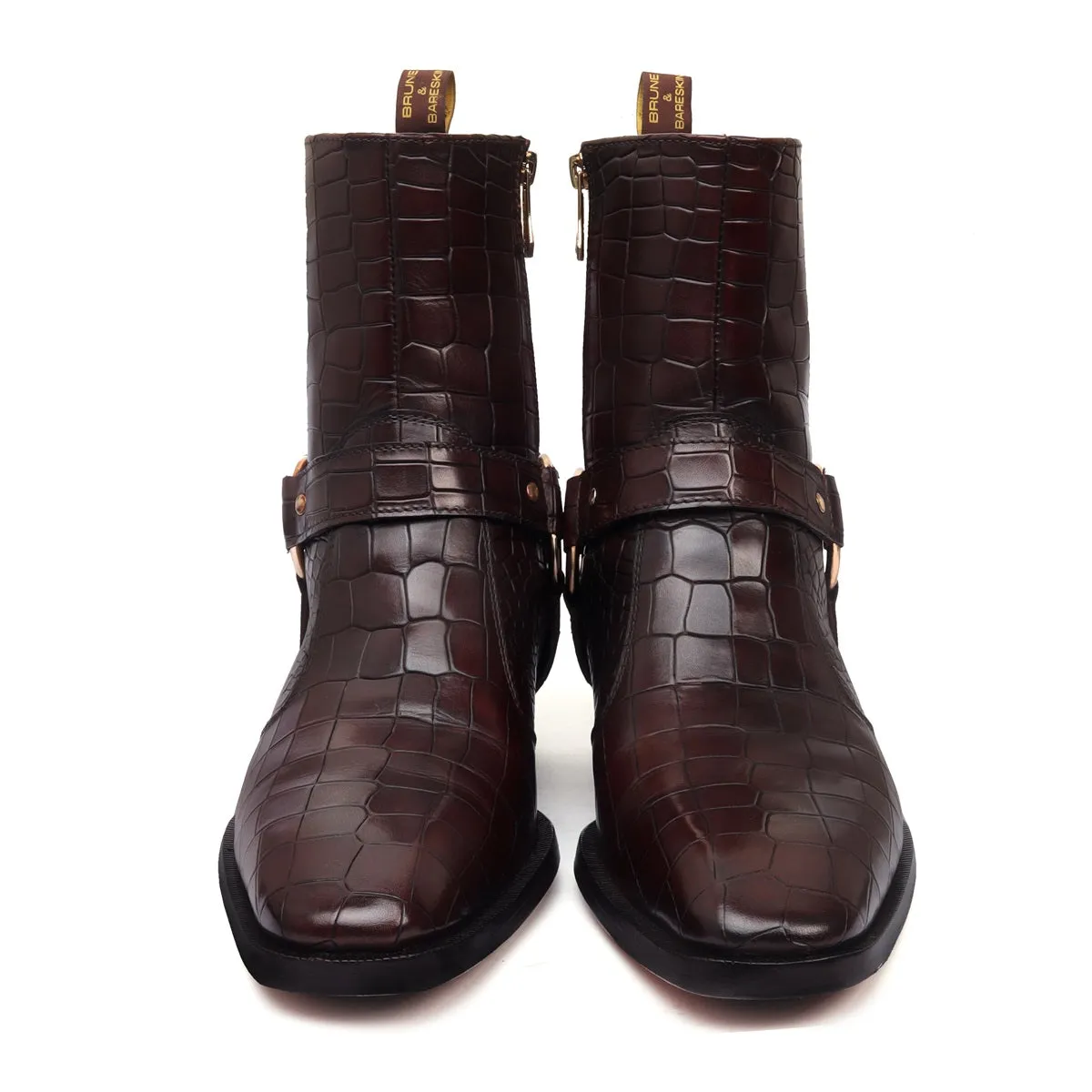 Cuban Boots with Stylish Strap for Men in Dark Brown Deep Cut Leather