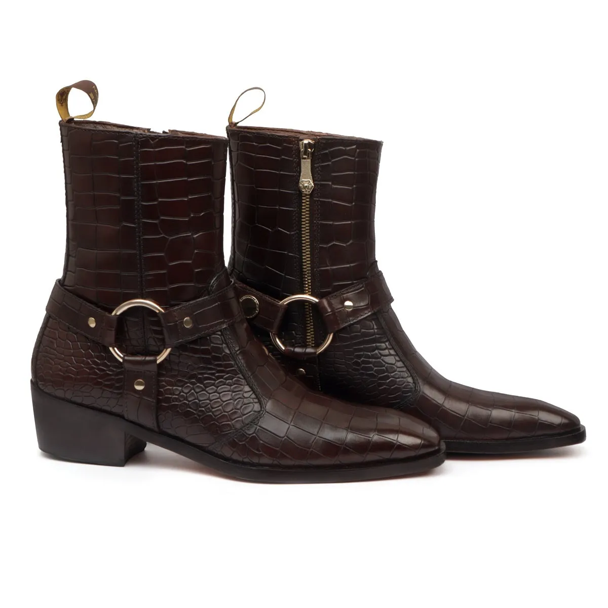 Cuban Boots with Stylish Strap for Men in Dark Brown Deep Cut Leather