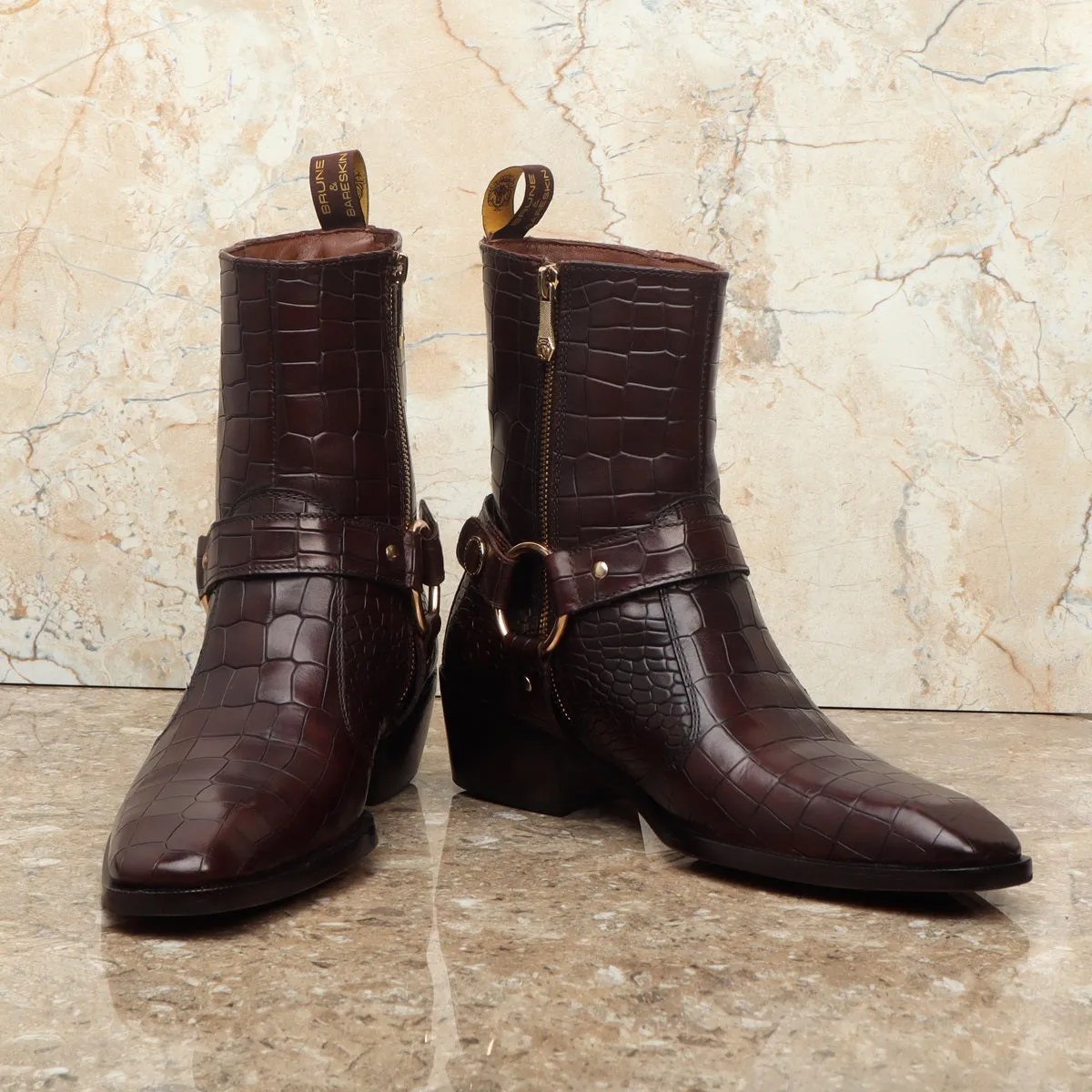 Cuban Boots with Stylish Strap for Men in Dark Brown Deep Cut Leather