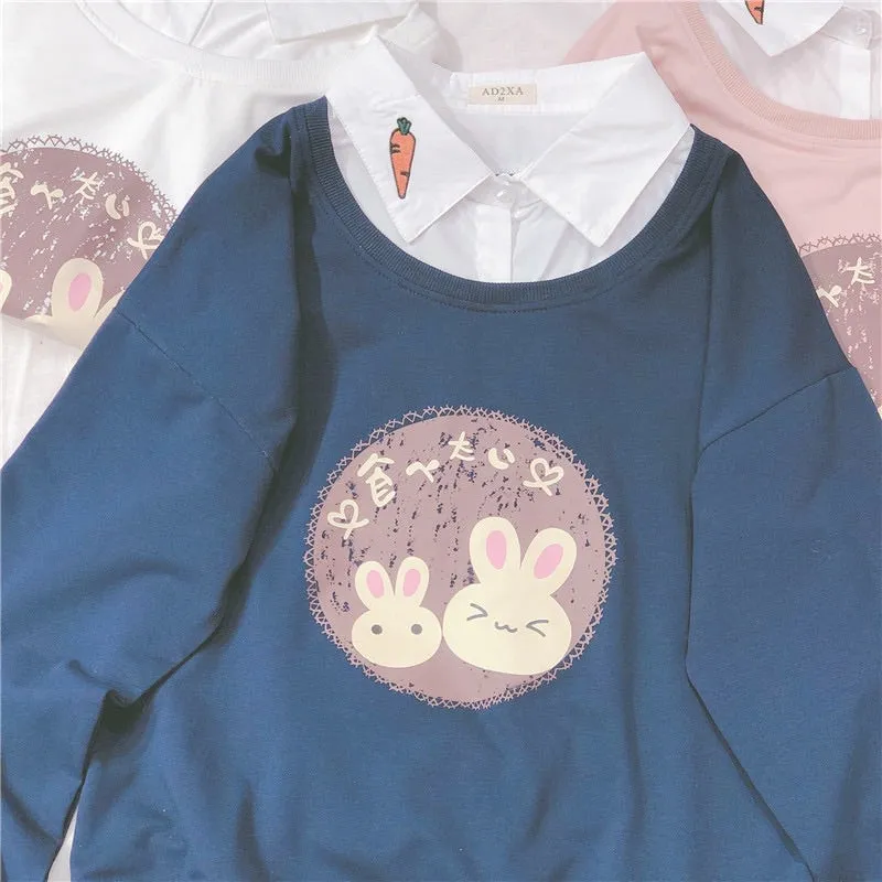 CUTE BUNNY BESTIE FAKE TWO-PIECES SWEATSHIRT BY30706