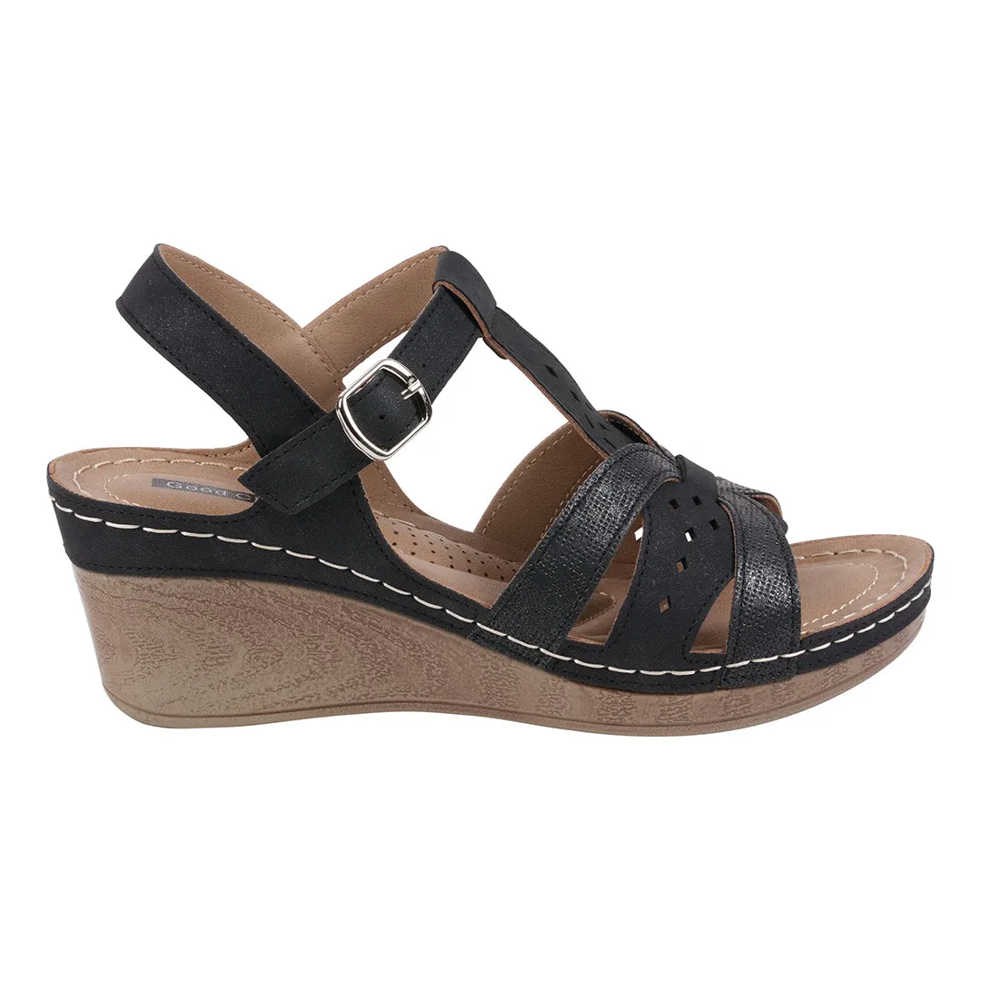 Darry Black Perforated T-Strap Slingback Wedge Sandals