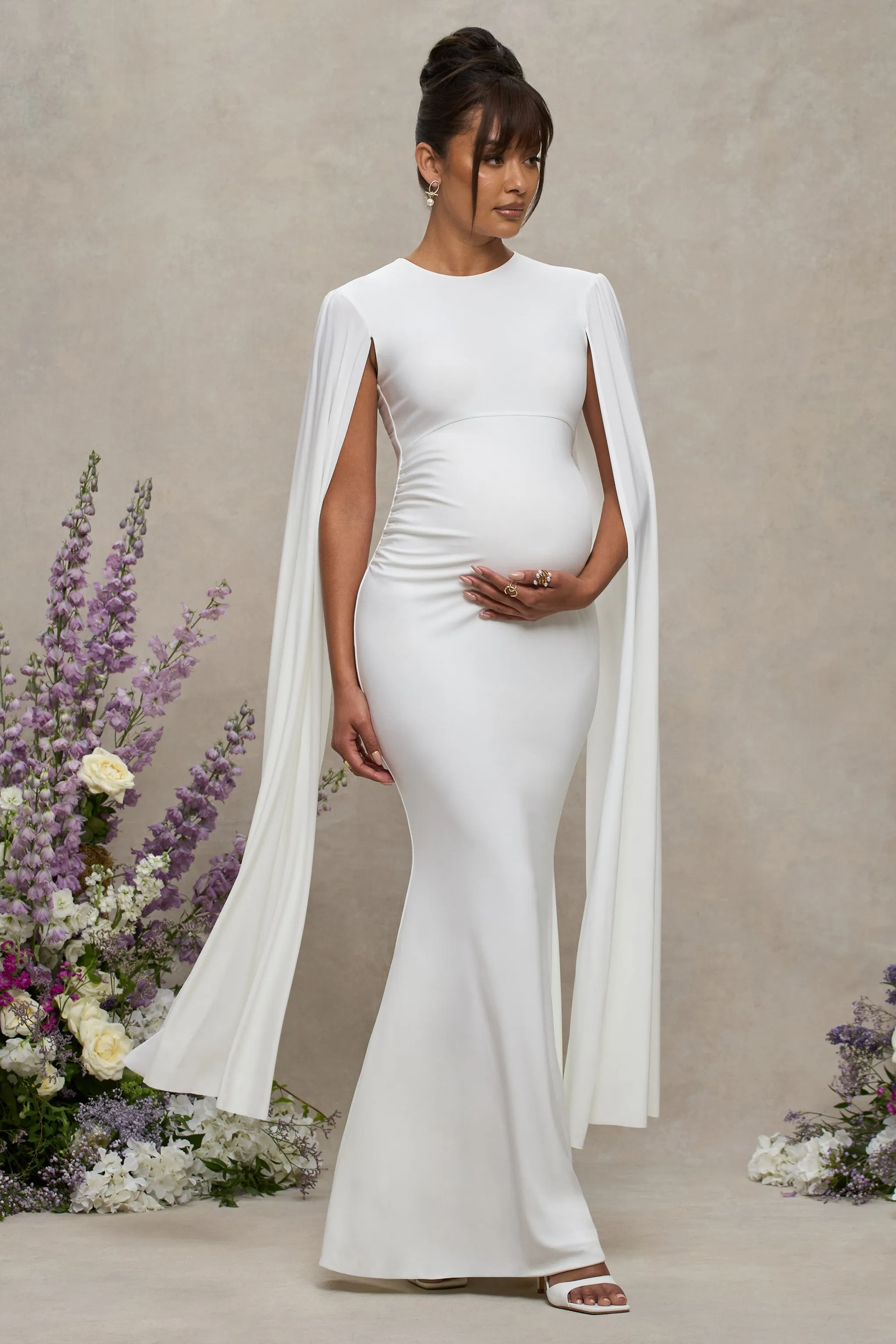 Divine Timing | White Maternity Maxi Dress With Cape Sleeves