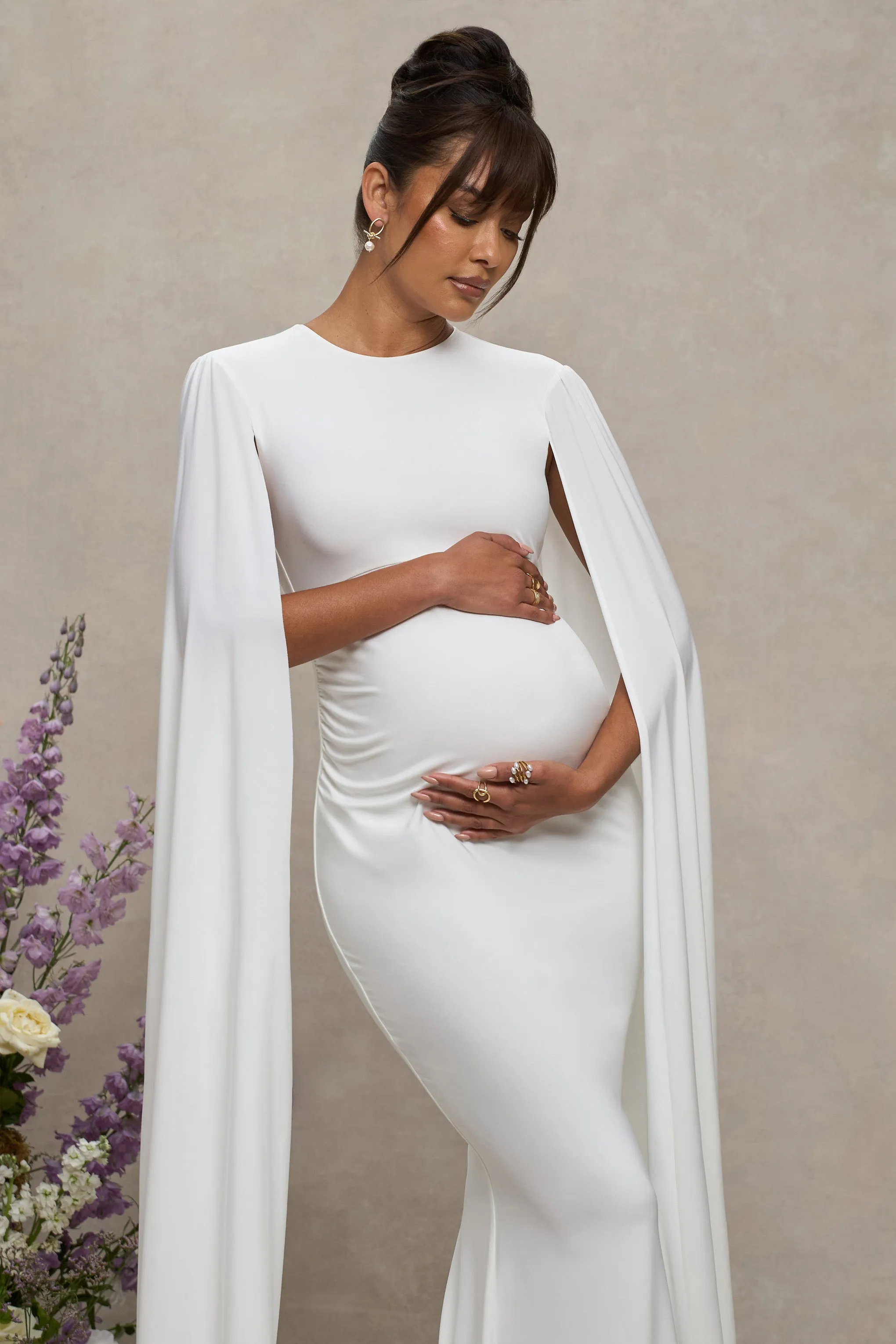 Divine Timing | White Maternity Maxi Dress With Cape Sleeves