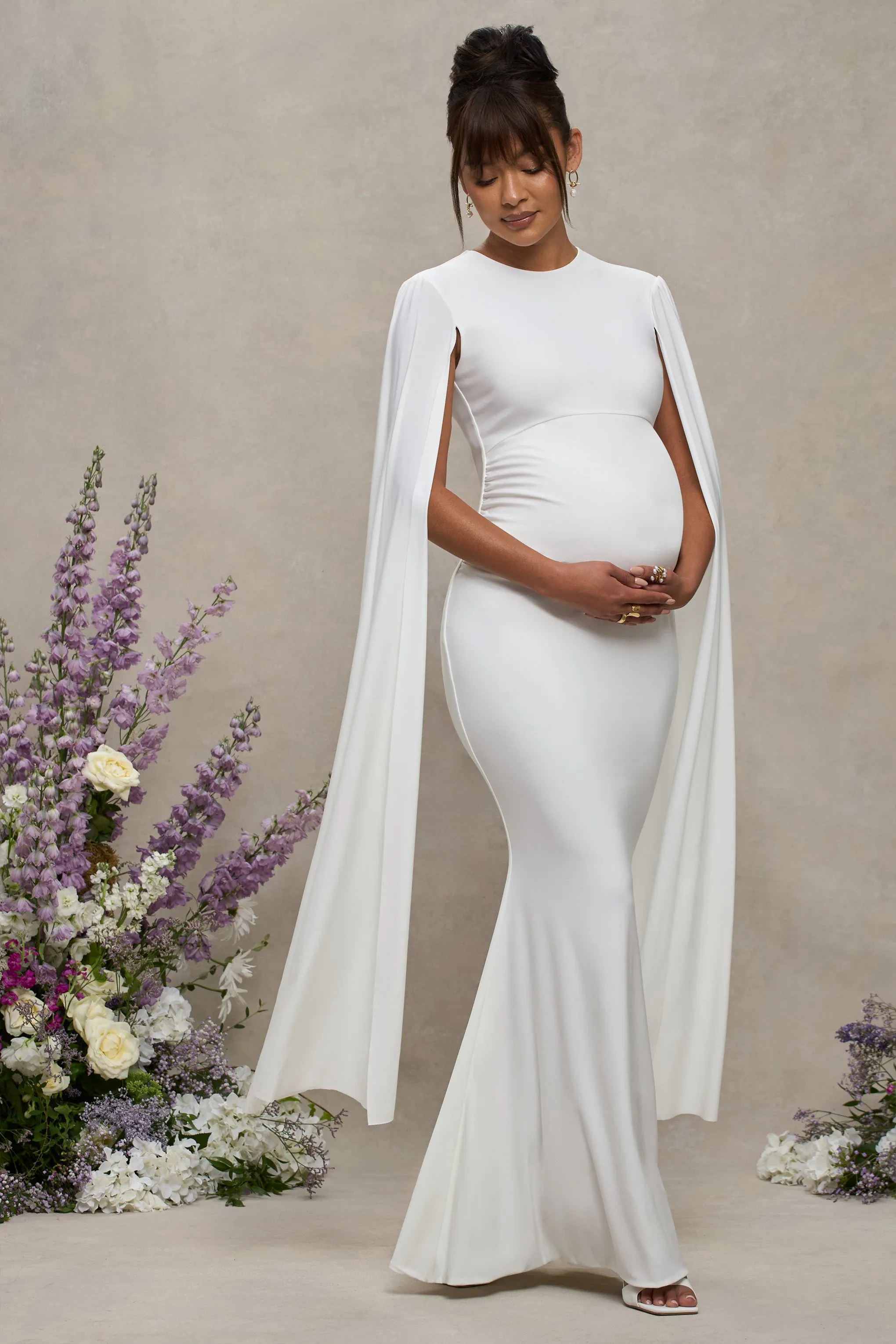 Divine Timing | White Maternity Maxi Dress With Cape Sleeves