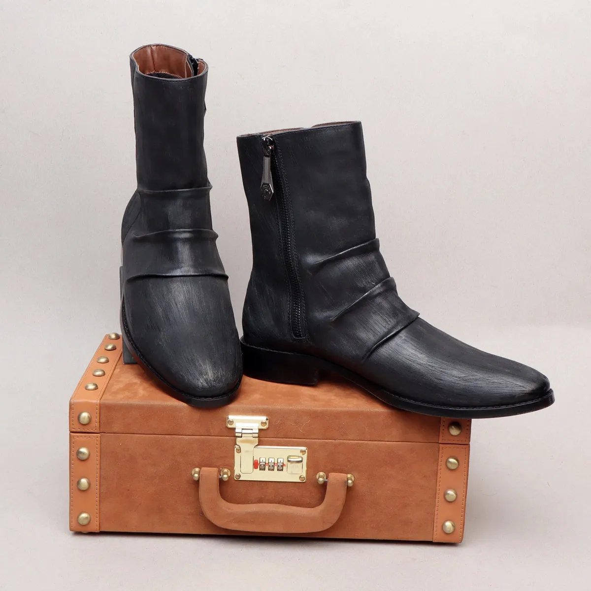 Dual Tone Black Grey Hand Painted Genuine Leather With Zip Closure Men's Chelsea Boots By Brune & Bareskin