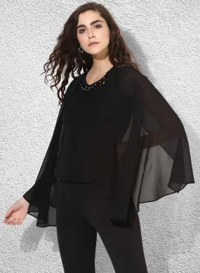 Embellished Neck Top With Cape Sleeves