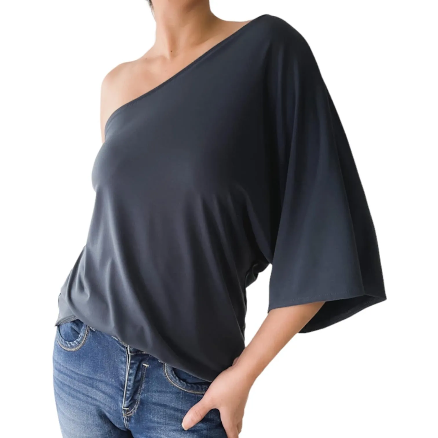 ESTELA Venus Cut One Shoulder Kimono Sleeve Top