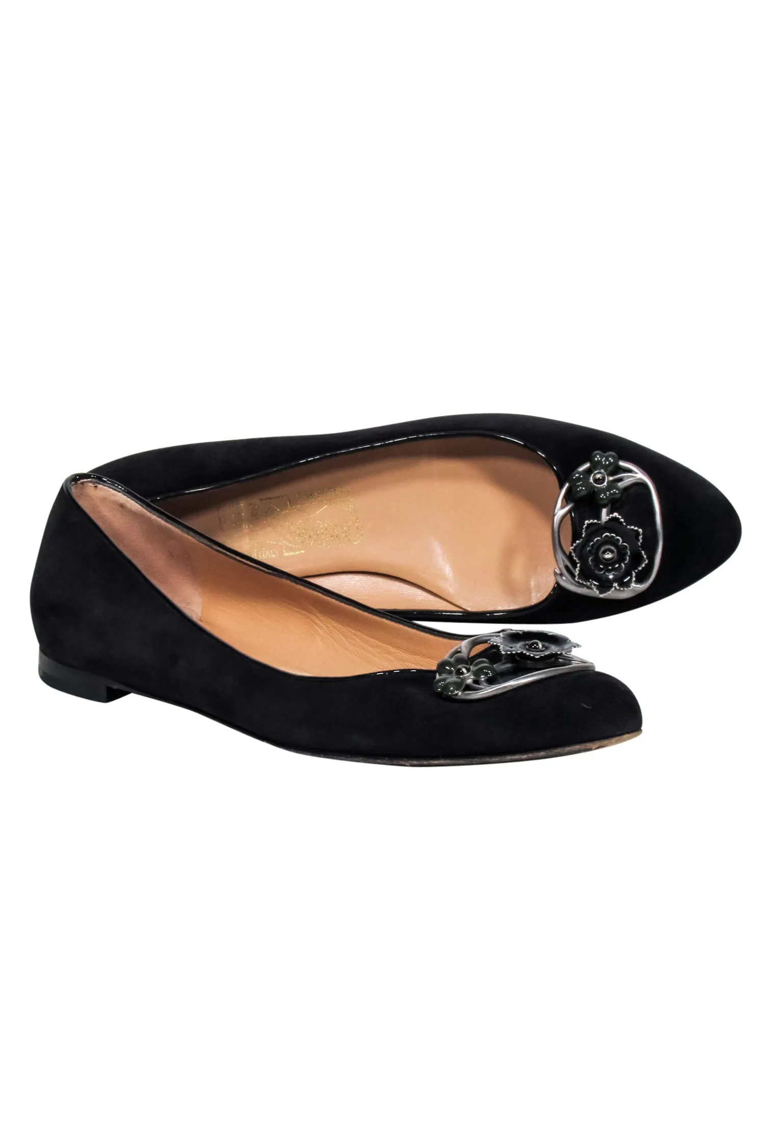 Ferragamo - Black Suede Ballet Flats w/ Floral Decorative Toe Detail Sz 7.5