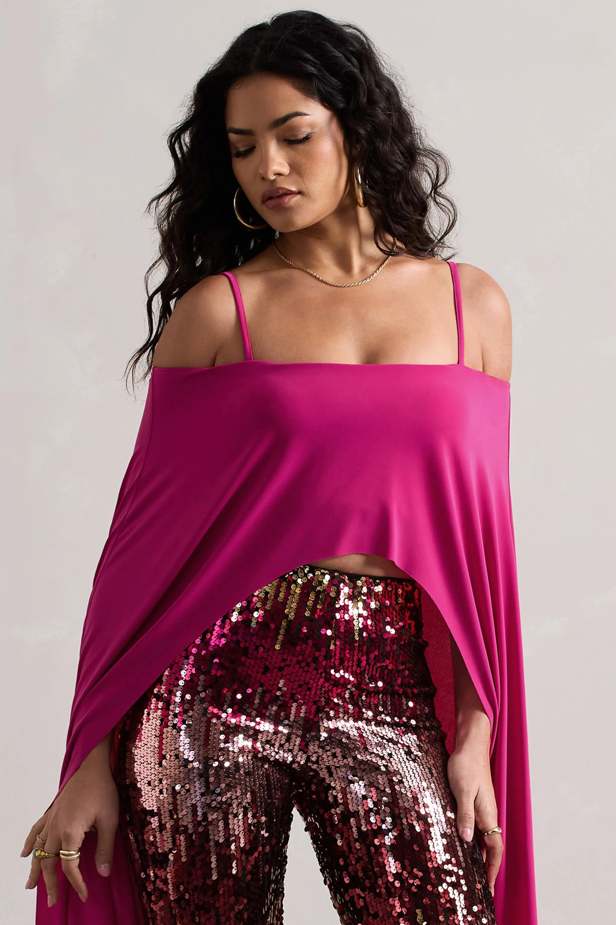 Floyd | Dark Pink Bardot Cape Sleeve Crop Top