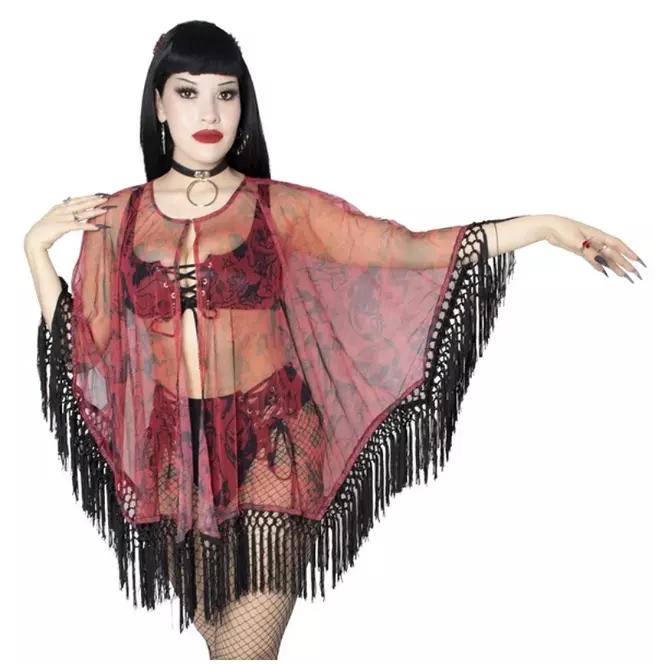 Gothic Women's Fringe Trim Devil Disguise Mesh Cape