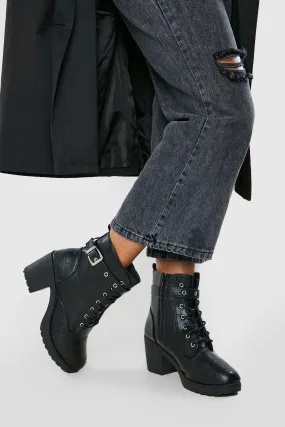 Heeled Side Buckle Croc Combat Boots