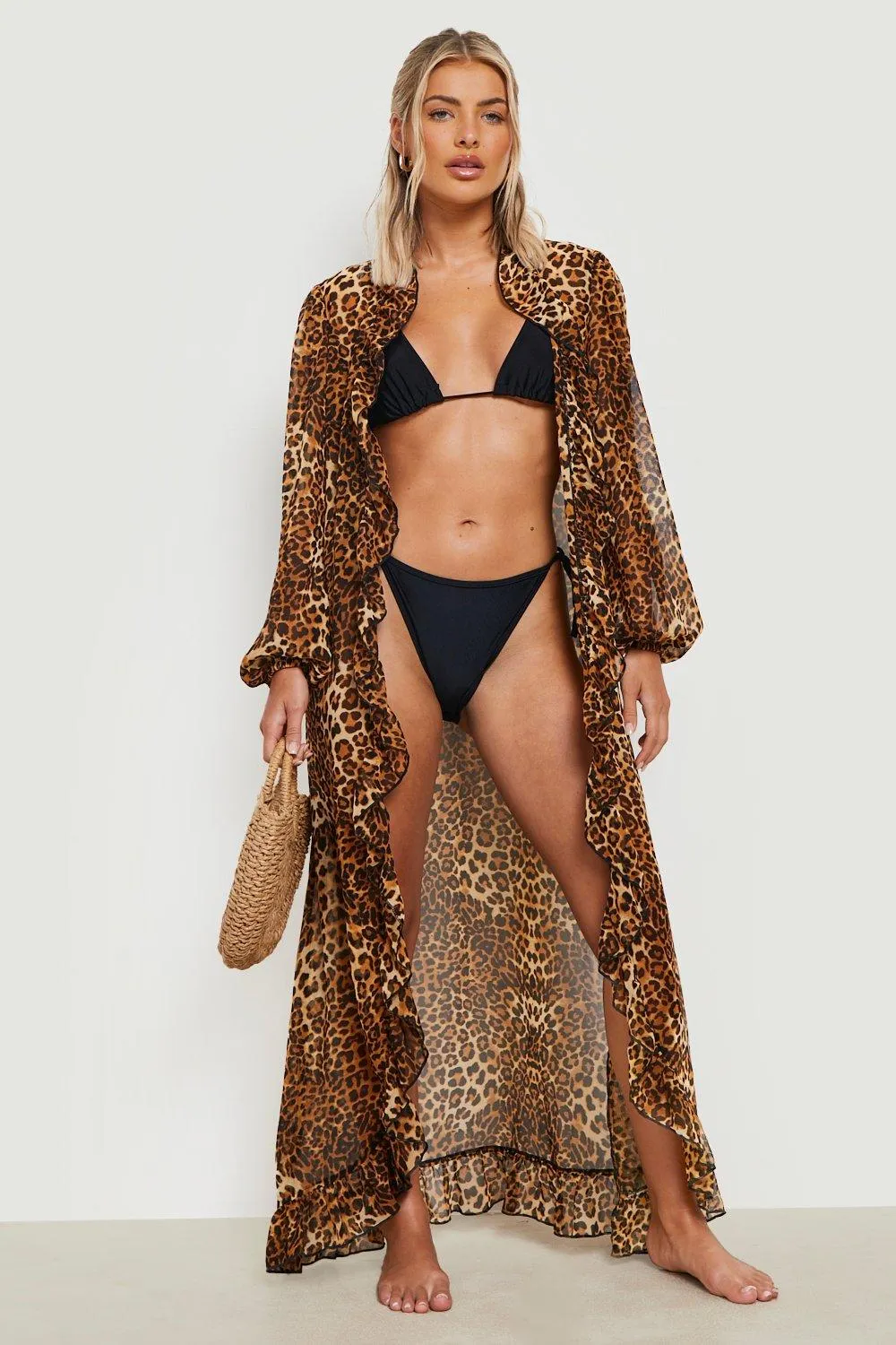 Leopard Maxi Ruffle Chiffon Beach Kimono