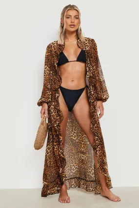 Leopard Maxi Ruffle Chiffon Beach Kimono