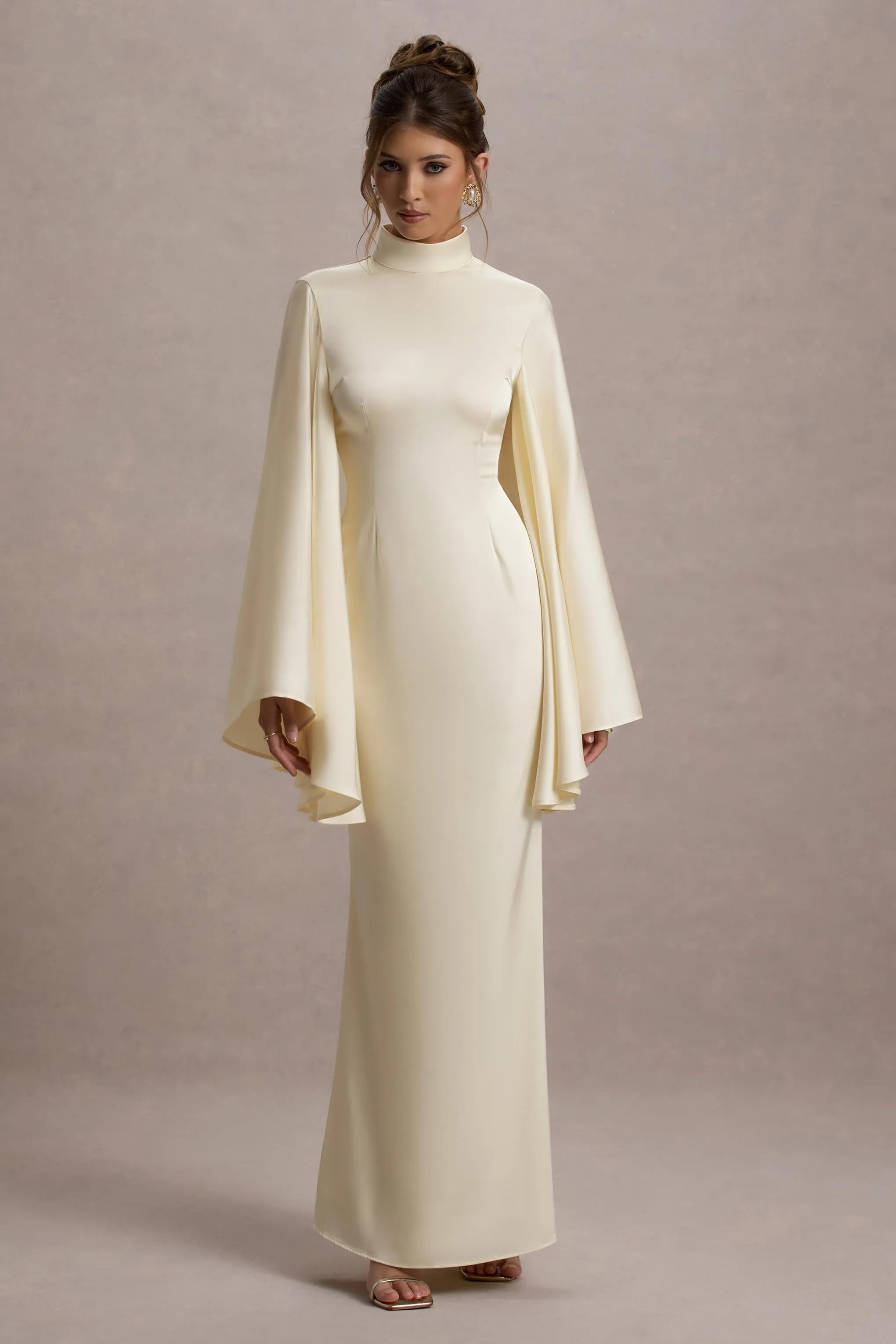 Maceline | Ecru Satin High-Neck Maxi Dress With Cape Sleeves